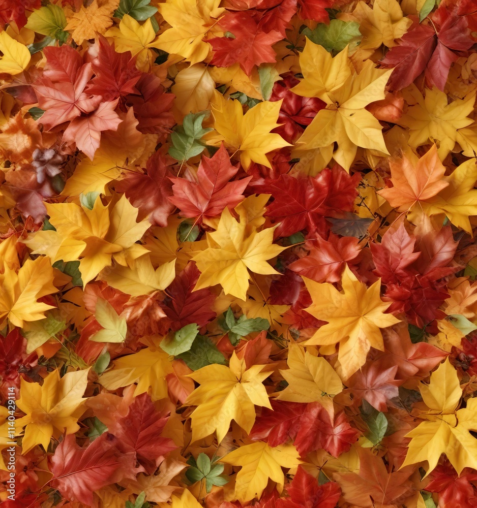 Dense foliage of vibrant autumn leaves scattered on a warm sunny yellow background, fall foliage, autumn colors Dense foliage of vibrant autumn leaves scattered on a warm sunny yellow background, fall foliage, autumn colors