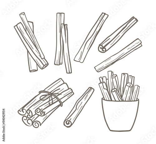 Hand drawn cinnamon sticks set. Simple monochrome spice collection