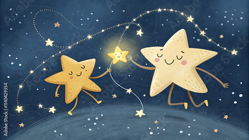 Smiling Stars and Shooting Star Trails in a Magical Night Sky