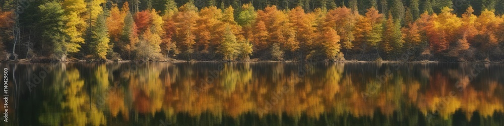 Fototapeta premium Dense thicket of deciduous trees in foreground reflecting off calm surface of autumn-colored Toketee Lake near Umpqua National Forest, autumn leaves, water, forest
