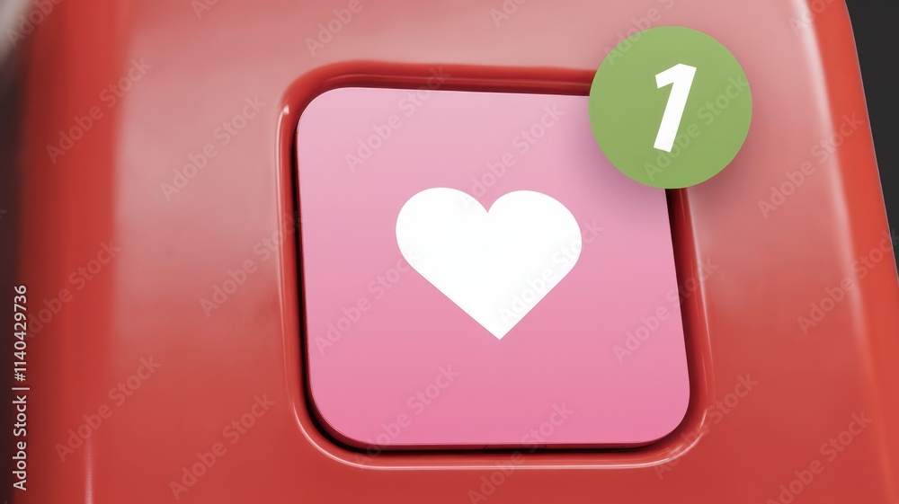 A red button with a pink heart icon shows one new like notification. A red button with a pink heart icon shows one new like notification.