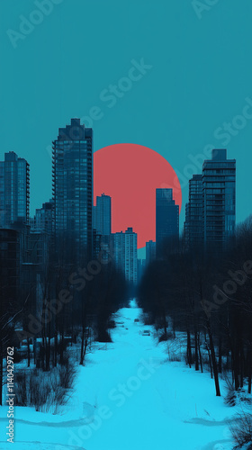 Urban skyline with tall buildings silhouetted against a stylized red sun and blue sky, blending minimalism and bold contrast.