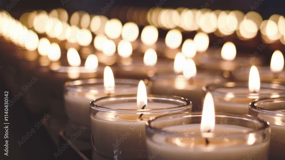Rows of softly glowing candles create a serene and peaceful atmosphere. Rows of softly glowing candles create a serene and peaceful atmosphere.