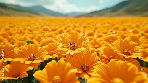 Vibrant field of yellow flowers under a clear sky, with mountains in the background. photo