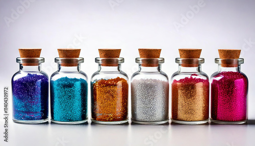 Six glass bottles with cork stoppers, filled with vibrant glitter and faux snow, positioned in a tidy row on a clean white surface, radiating vintage appeal