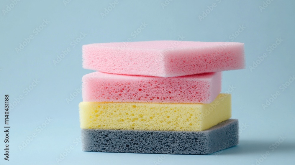 Stack of sponges in pink, yellow, and gray on a light blue backdrop for cleaning or kitchen-related visuals Stack of sponges in pink, yellow, and gray on a light blue backdrop for cleaning or kitchen-related visuals