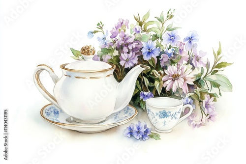 Set of tea cup, pot and flowers. Watercolor collection of vintage teapot, teacup and blossom. Water paint