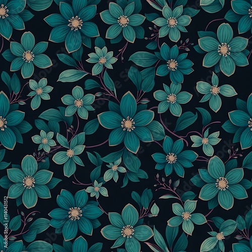 Seafoam Floral Pattern: A delicate and romantic pattern of teal blue flowers and leaves on a dark background. Perfect for adding a touch of elegance and sophistication to any design project.