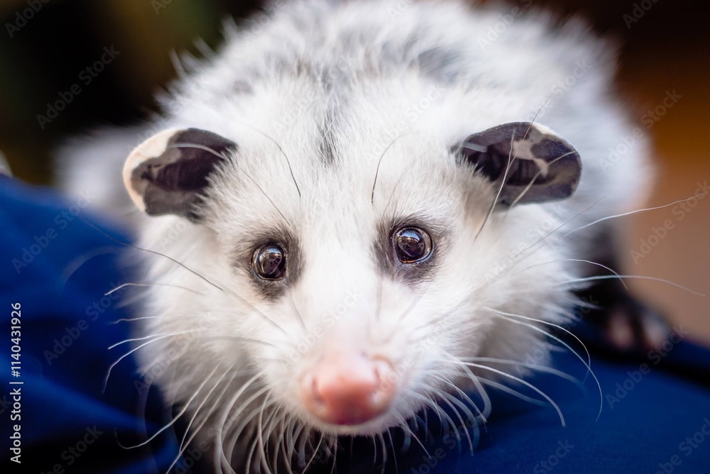 Close-up of a charming opossum with piercing eyes and a curious gaze, showcasing its unique facial markings and delicate whiskers, set against a soft, blurred background Close-up of a charming opossum with piercing eyes and a curious gaze, showcasing its unique facial markings and delicate whiskers, set against a soft, blurred background
