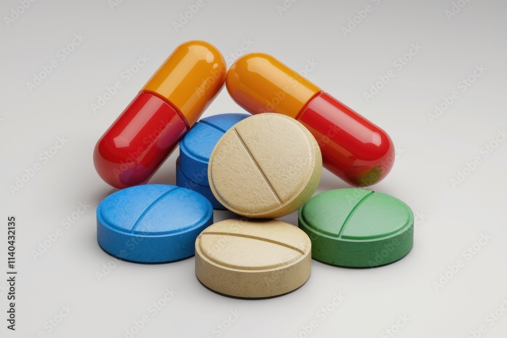 A collection of colorful pills and capsules representing various medications. A collection of colorful pills and capsules representing various medications.