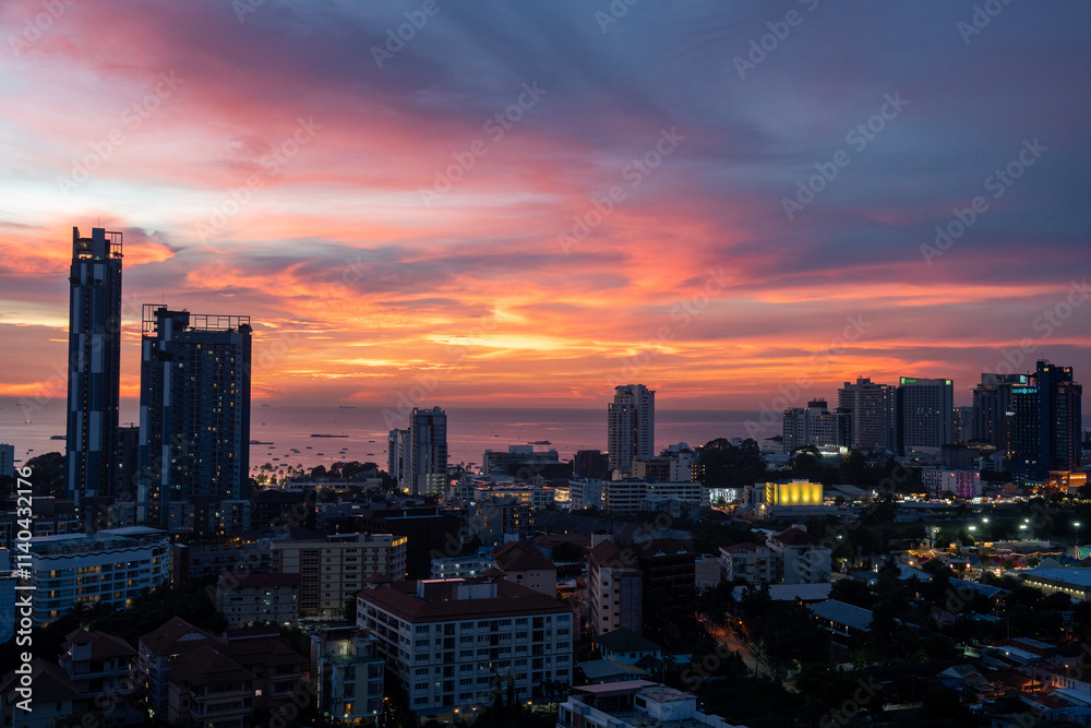 Obraz premium Sunset view from the 22nd floor of a condominium in Pattaya town Chonburi district Thailand Asia