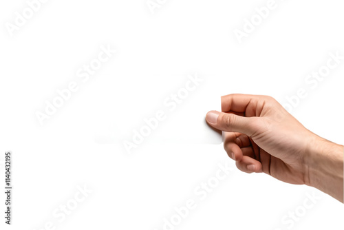 Male hand holding a blank card or a ticket/flyer, isolated on transparent background 