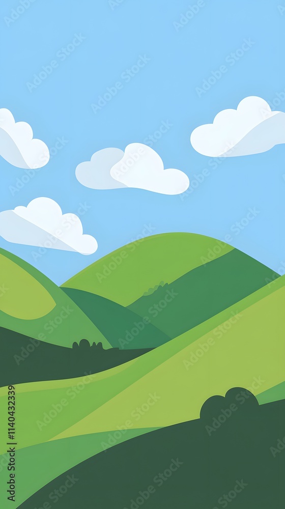 Cute cartoon vector-style landscape view of green fields with a blue sky, simple flat design Cute cartoon vector-style landscape view of green fields with a blue sky, simple flat design
