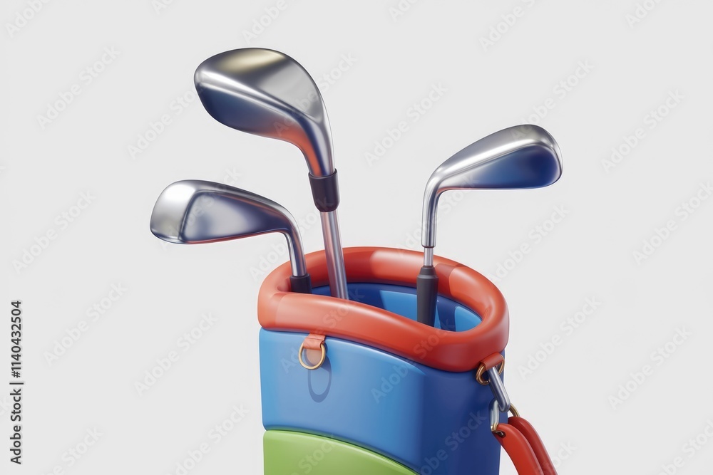 Three metallic golf clubs neatly placed inside a colorful cartoonish golf bag. Three metallic golf clubs neatly placed inside a colorful cartoonish golf bag.