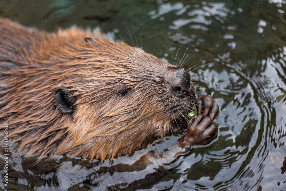 Close-up of a wet beaver munching on green vegetation in the water, highlighting its textured fur and focused expression in a serene aquatic environment Close-up of a wet beaver munching on green vegetation in the water, highlighting its textured fur and focused expression in a serene aquatic environment