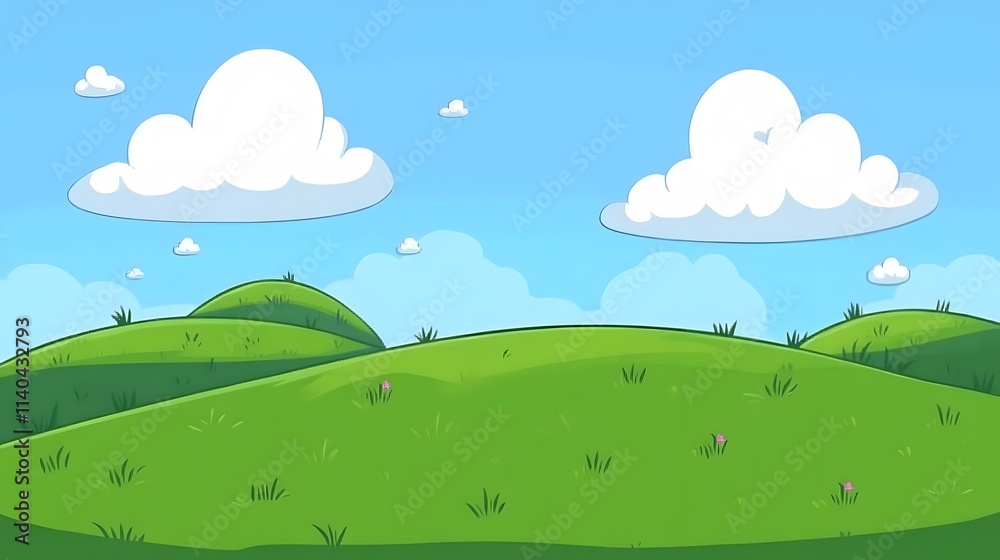 Cute cartoon vector-style landscape view of green fields with a blue sky, simple flat design Cute cartoon vector-style landscape view of green fields with a blue sky, simple flat design