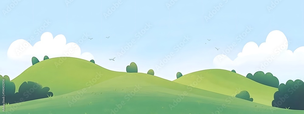 Fototapeta premium Cute cartoon vector-style landscape view of green fields with a blue sky, simple flat design
