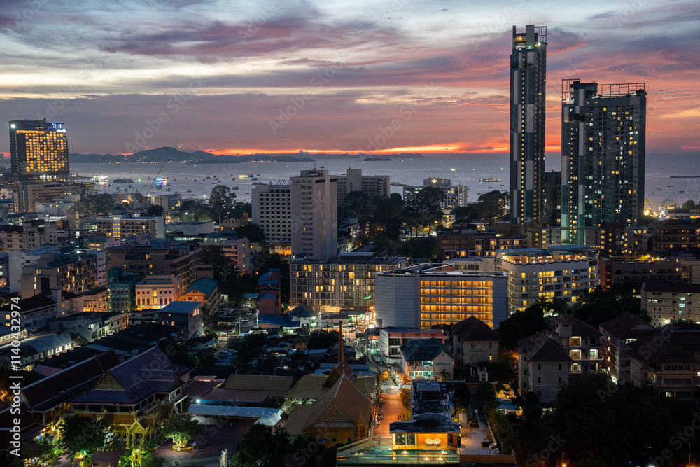 Obraz premium Sunset view from the 22nd floor of a condominium in Pattaya town Chonburi district Thailand Asia