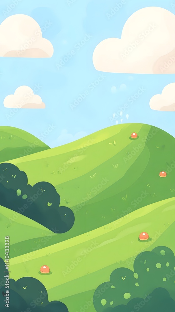 Obraz premium Cute cartoon vector-style landscape view of green fields with a blue sky, simple flat design