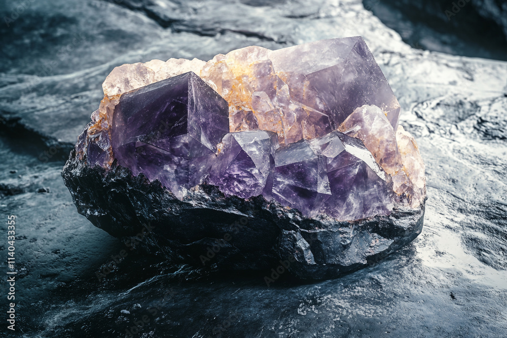 Beautiful purple amethyst crystals on a black stone background showcasing natural elegance Beautiful purple amethyst crystals on a black stone background showcasing natural elegance