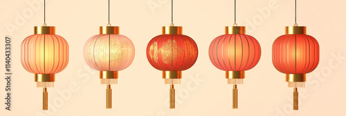 Elegant Chinese Lantern Design with Red and Gold Metallic Highlights, Soft peach background
