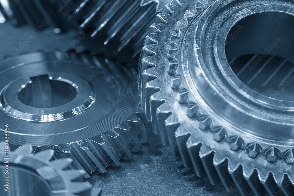 Close up scene the transmission gear parts in the light blue scene. Close up scene the transmission gear parts in the light blue scene.