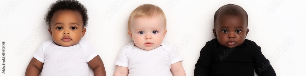 Three babies of different races are sitting on a white background. The babies are all wearing white shirts Three babies of different races are sitting on a white background. The babies are all wearing white shirts