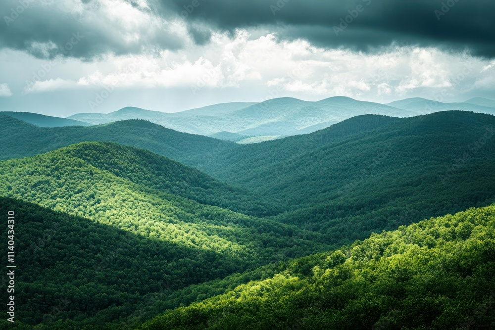 Naklejka premium Lush Green Mountain Landscape Under Cloudy Sky