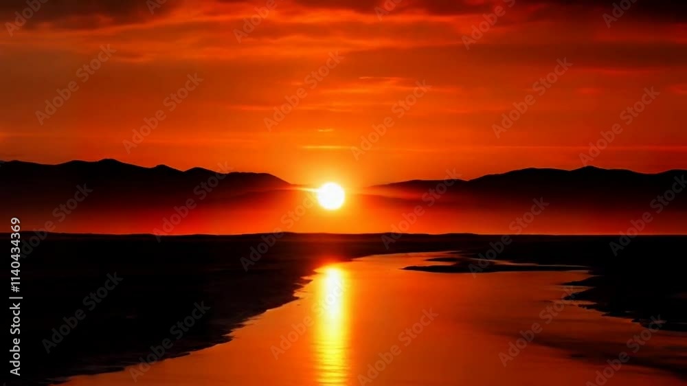 Distant perspective of a glowing sunset, featuring a vibrant orange sky and the complete round sun in its brilliance,Time-lapse video Distant perspective of a glowing sunset, featuring a vibrant orange sky and the complete round sun in its brilliance,Time-lapse video