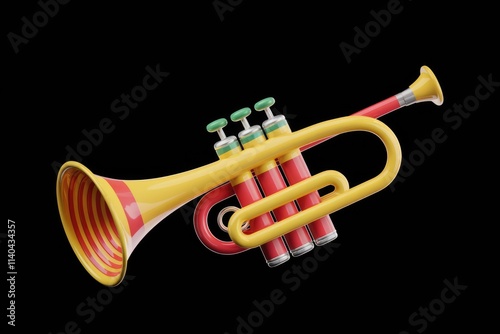 A vibrant  toy trumpet in yellow and red  isolated on transparent background. photo