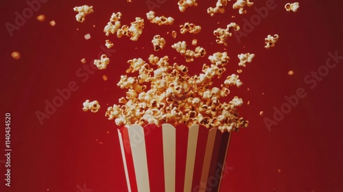 Golden popcorn spilling from a red striped box on a red background for a cinematic vibe