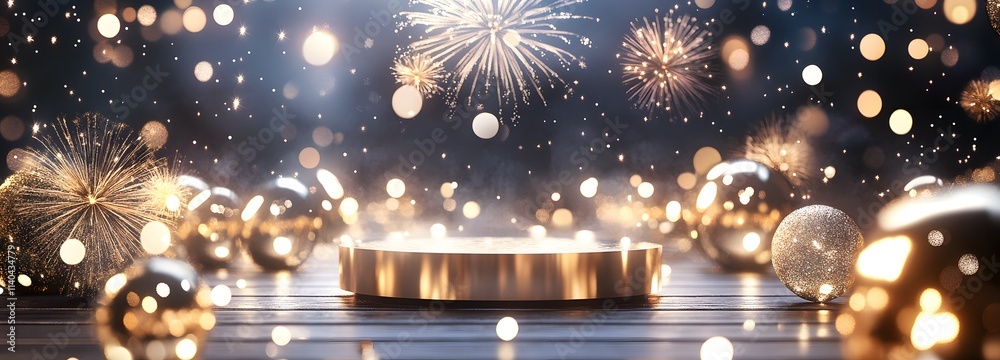 A podium set on a rooftop with fireworks exploding in the distance, surrounded by shimmering lights and golden decorations, creating a chic New Year is atmosphere A podium set on a rooftop with fireworks exploding in the distance, surrounded by shimmering lights and golden decorations, creating a chic New Year is atmosphere