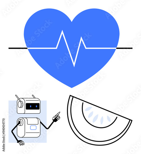 Blue heart with pulse line robot assistant pointing, and watermelon slice. Ideal for health, technology, wellness, innovation, AI, nutrition, and medical care. Line metaphor