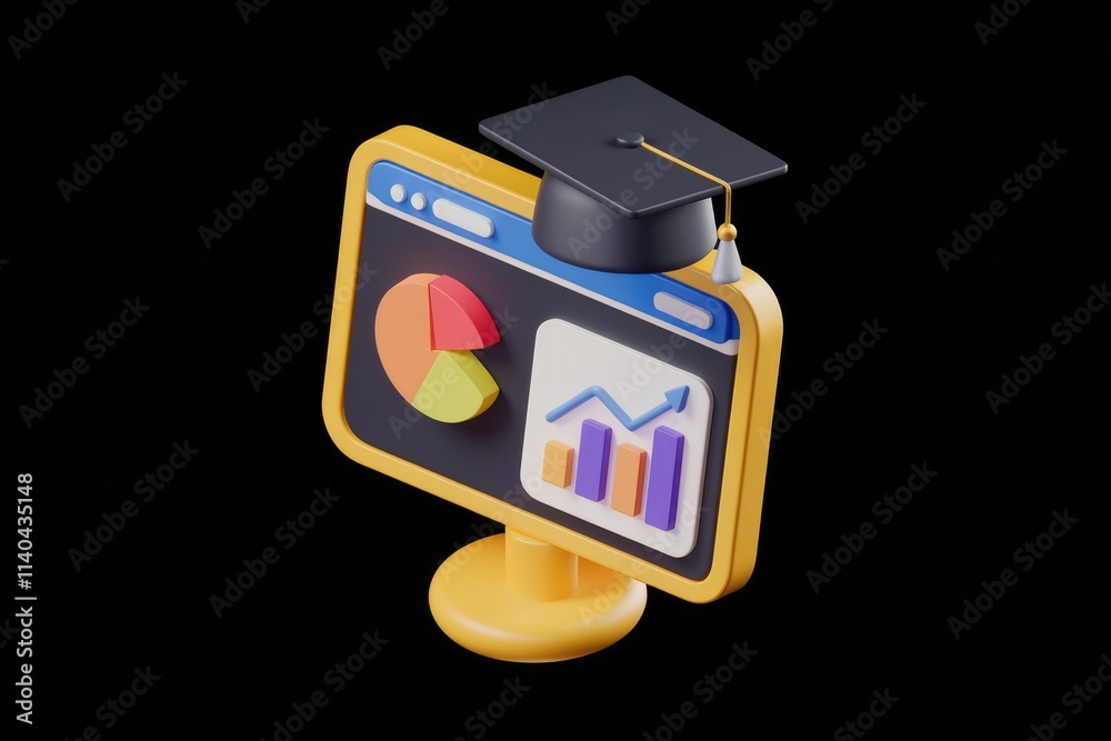 3D illustration of online education showing charts and graphs with graduation cap. 3D illustration of online education showing charts and graphs with graduation cap.