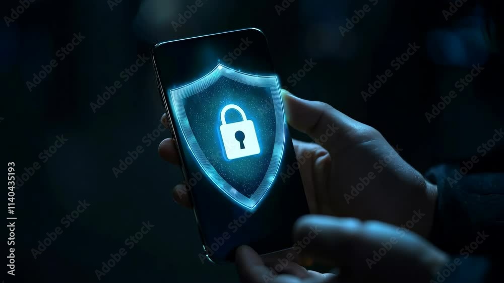 A person is holding a cell phone with a blue lock symbol on it. Concept ...