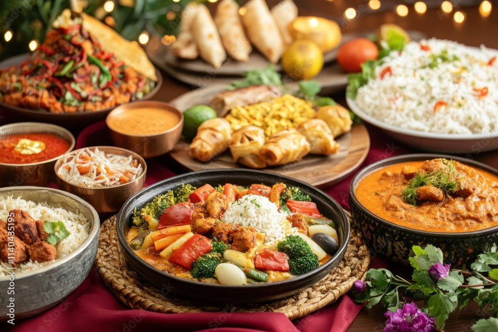 Vibrant Indian Cuisine Spread on Festive Table Vibrant Indian Cuisine Spread on Festive Table