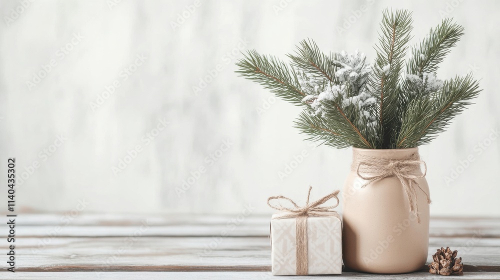 Fototapeta premium Scandinavian style gift scene with pine branches in a vase for minimalist winter decor