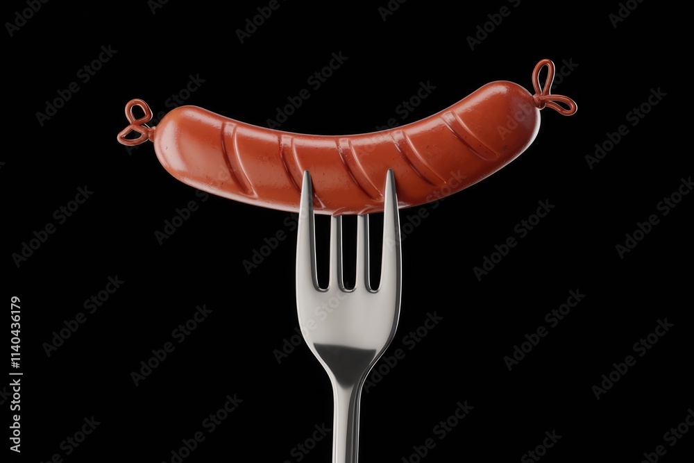 A single grilled sausage rests on a fork against a transparent background. A single grilled sausage rests on a fork against a transparent background.