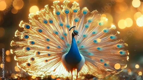 A beautiful blue and white peacock is standing in the sun. The bird's feathers are spread out, creating a stunning display of color and movement. The scene is serene and peaceful