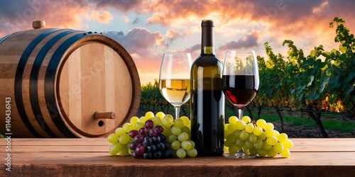 Wine Bottles and Grapes with Scenic Vineyard