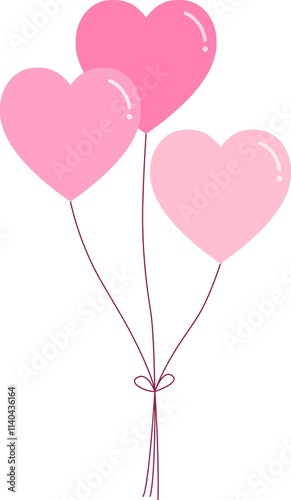 Cute heart balloons.Colorful pink hearts balloon isolated on transparent background.Valentine's element clipart graphic illustration.