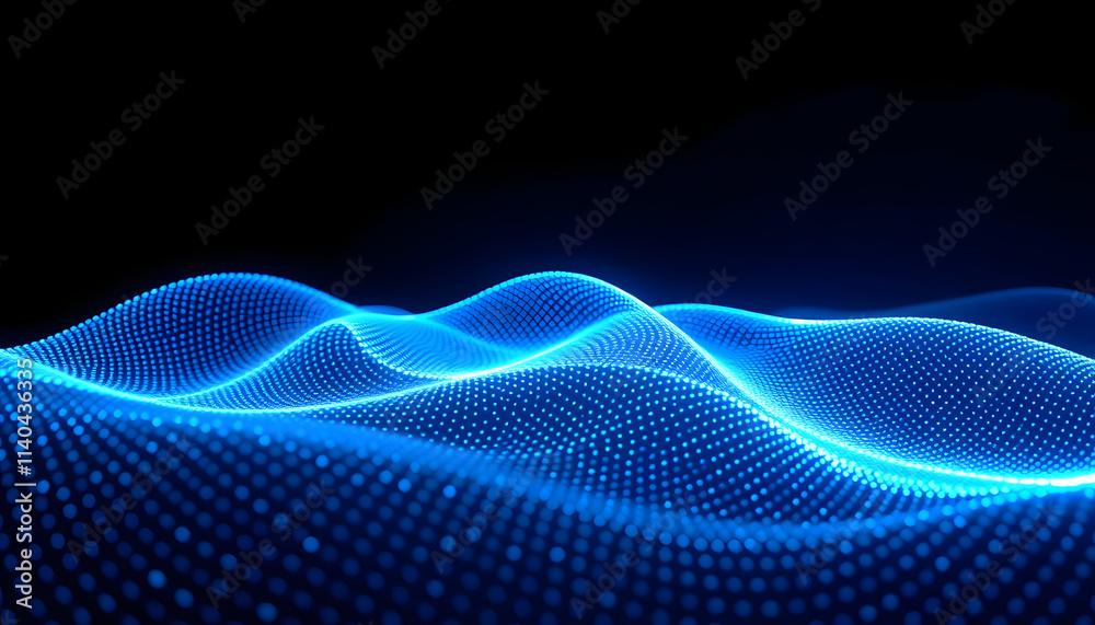 Futuristic glowing wave. The concept of big data. Network connection. Cybernetics. Abstract dark background of blue dots forming a wave. 3d rendering, smooth light, with white tones
