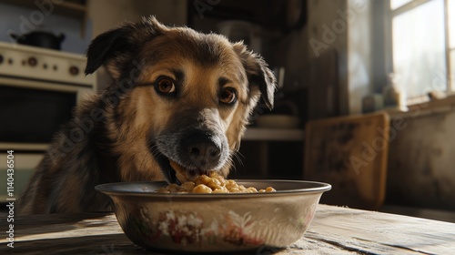 photo a mongrel dog happily eating its kibble, surrounded by a comfortable and homey environment