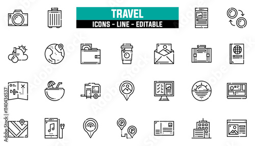 Set of 25 line icons travel. Editable stroke. Vector illustration