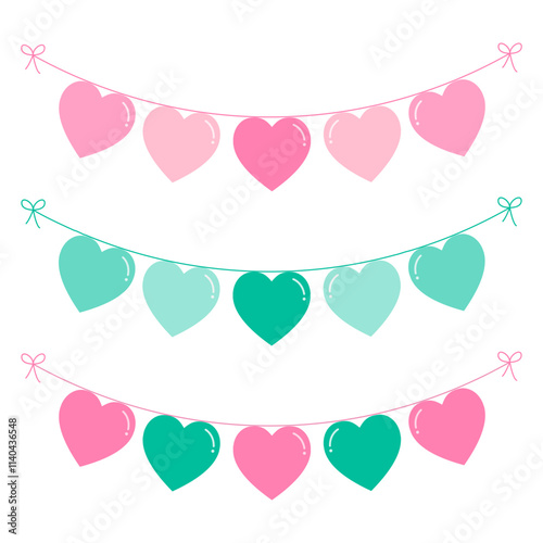 Cute hearts garland.Colorful pink and green pastel bunting love flag isolated on white background.Valentine's element clipart vector graphic illustration.