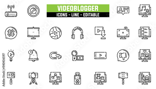 Set of 25 line icons videoblogger. Editable stroke. Vector illustration