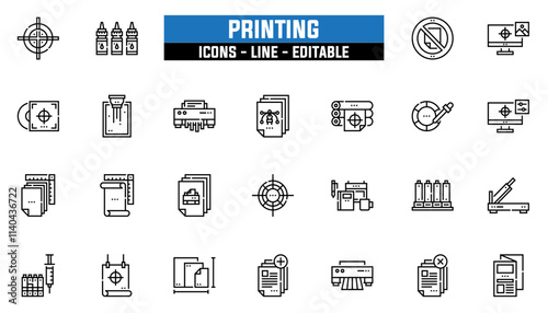 Set of 25 line icons printing. Editable stroke. Vector illustration