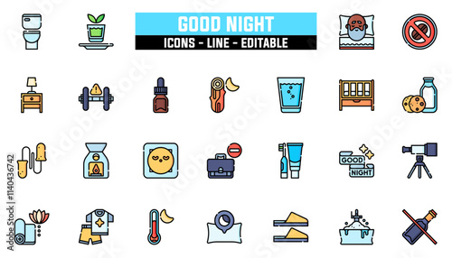 Set of 25 line icons good night. Editable stroke. Vector illustration