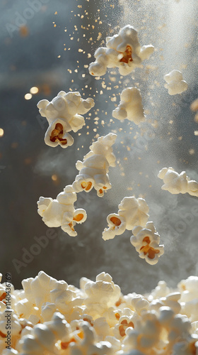 Freshly popped popcorn flying out of a machine