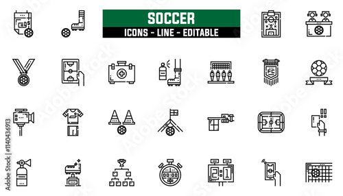 Set of 25 line icons soccer. Editable stroke. Vector illustration